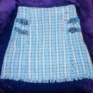 Plaid blue white and silver tinsel fringe buckle skirt